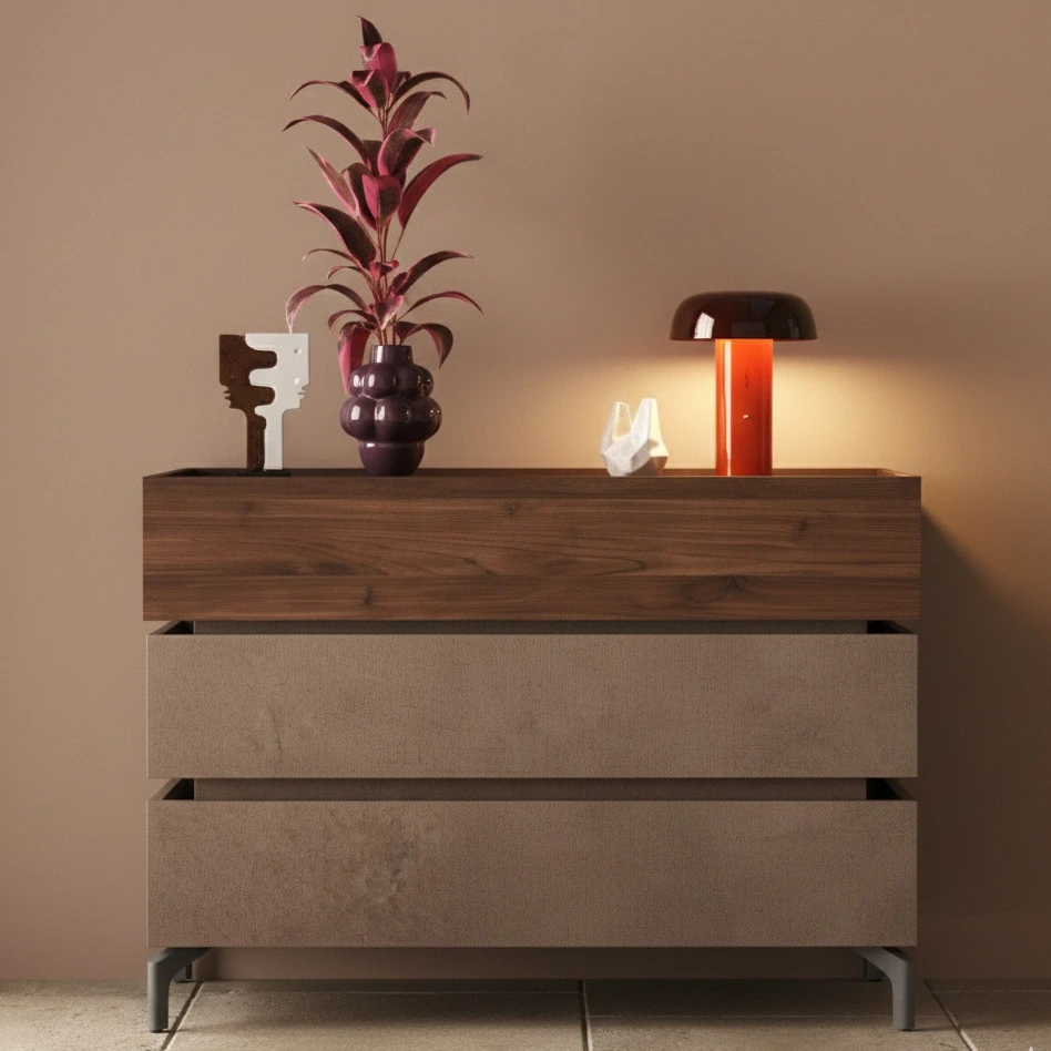 Comò sfalsato 3 cassetti, con piedini, Mercure e Bronzo