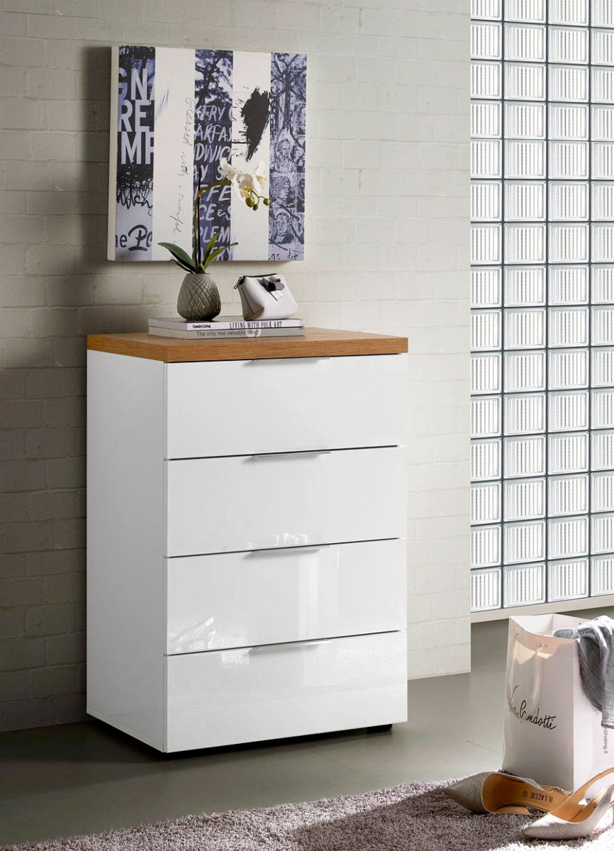 Settimino 4 cassetti finitura Bianco lucido e Castagno, Made in Italy