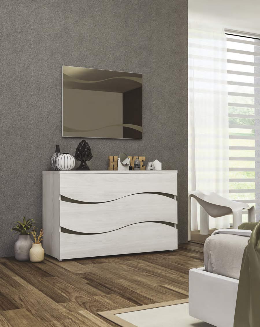 Camera da letto completa, finitura Olmo Bianco con dettagli Grigio Fango