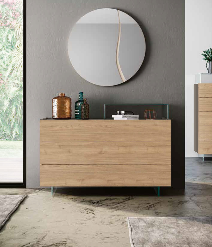 Comò moderno piedini plexiglass a 3 cassetti, finitura Noce biondo e Grigio cenere