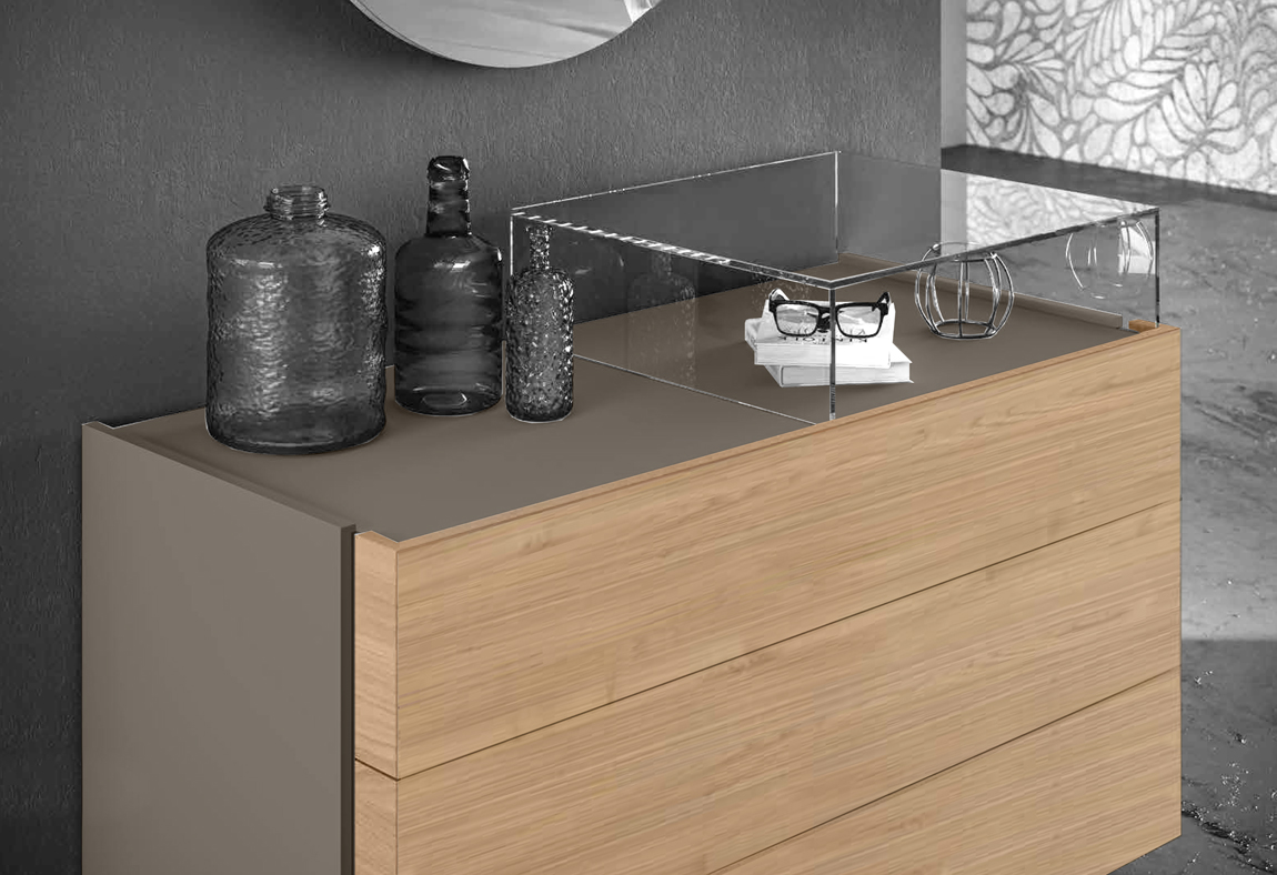 Comò moderno piedini plexiglass a 3 cassetti, finitura Noce biondo e Grigio cenere