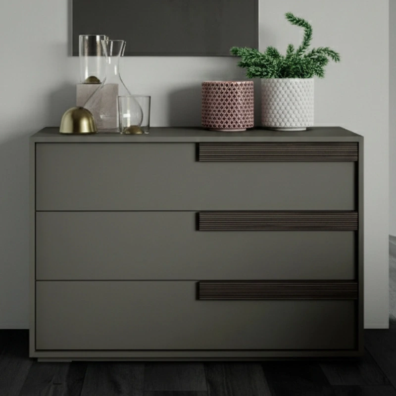 Comò moderno 3 cassetti, Grigio cenere con maniglie cannettato grigio, L.115