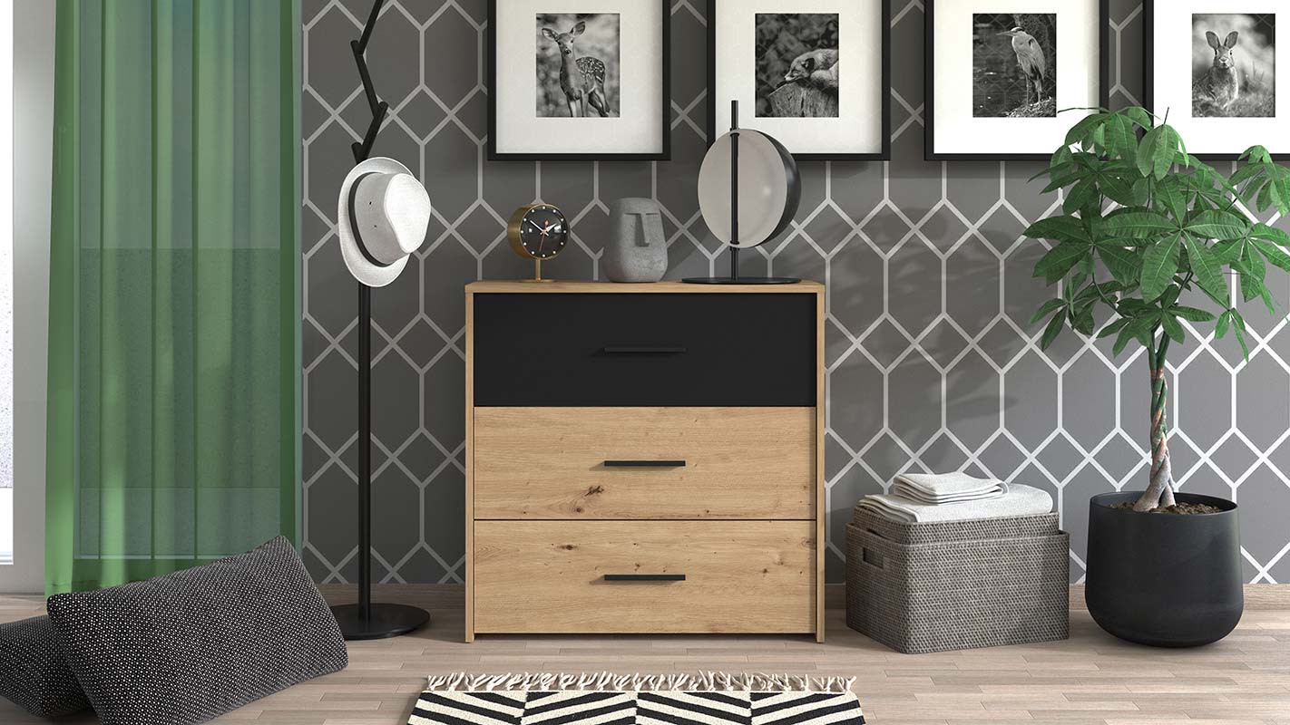 Comò industry 3 cassetti, finitura Rovere e Nero