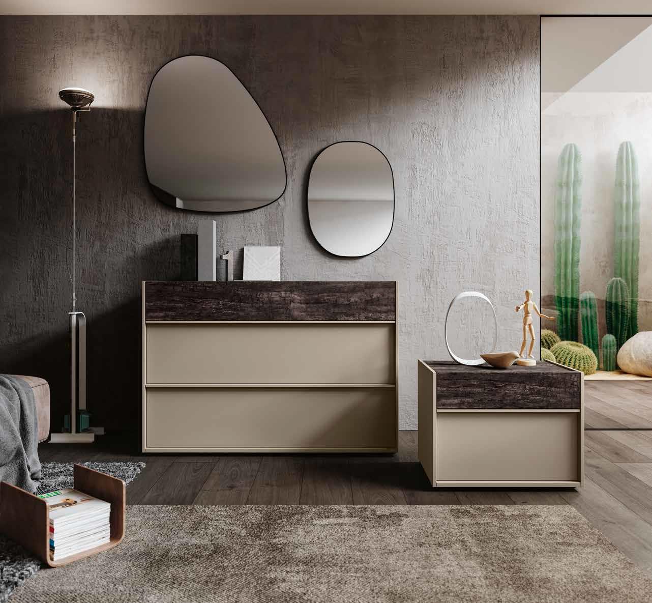 Set Bali composto da comò e 2 comodini, Visone e Legno bruciato