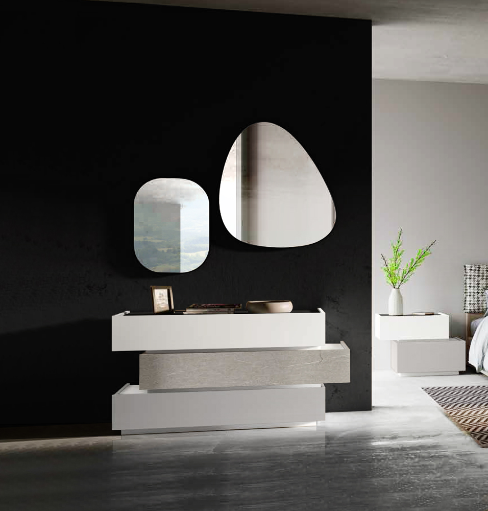 Comò sfalsato Bahamas in finitura Bianco, Graniglia, Grigio con top in Marmo nero