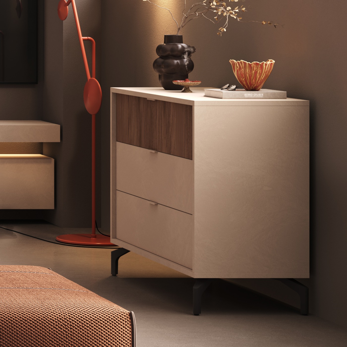 Comò 3 cassetti, Cashmere e Noce caramello cannettato