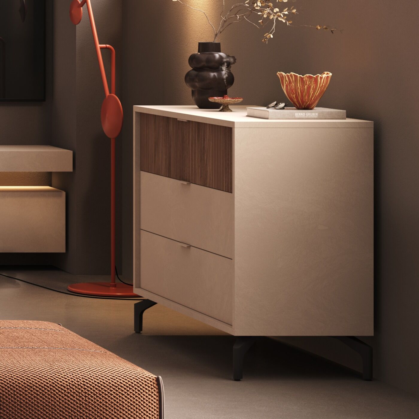 Set notte con comò e coppia di comodini, Cashmere e Cannetato Noce caramello