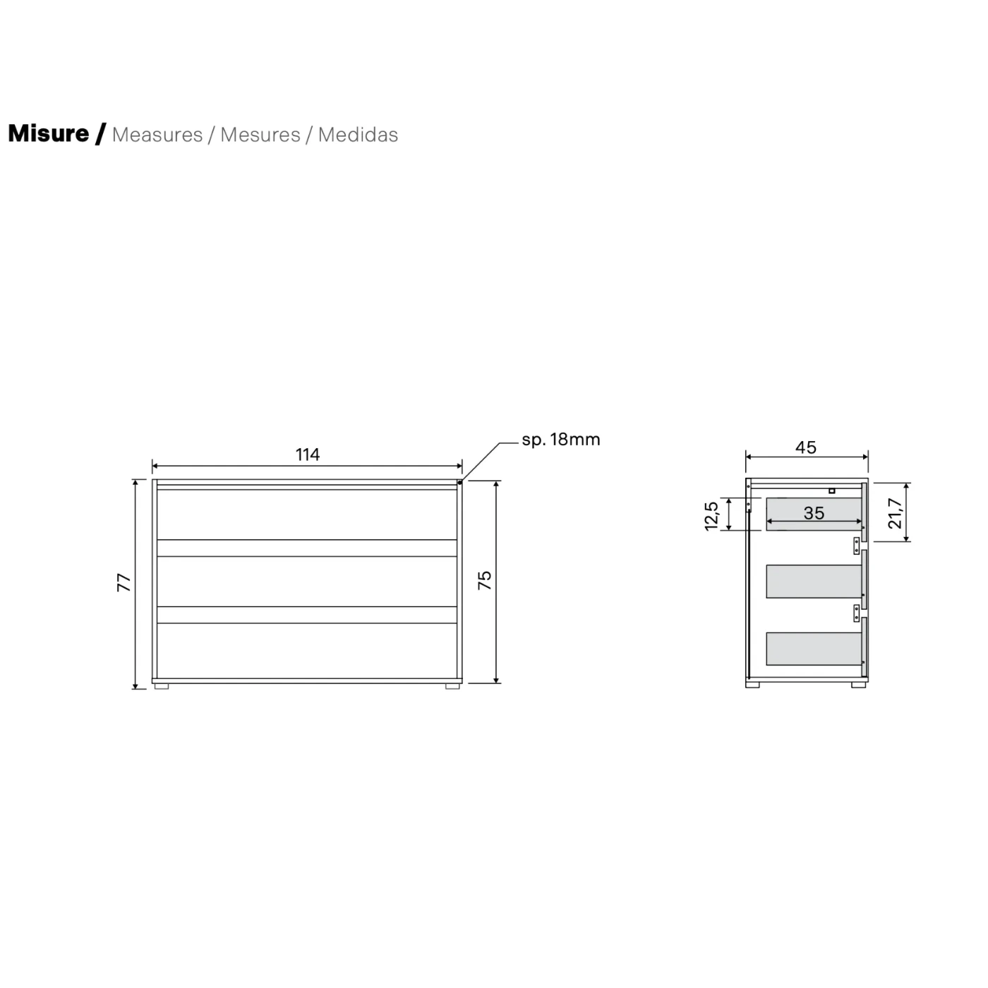 Comò 3 cassetti, Noce biondo e Bronzo, L.114 H.77