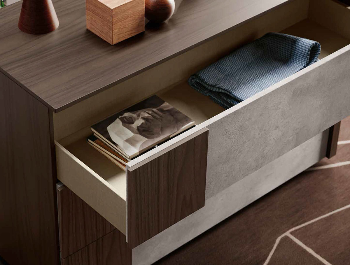 Set Santorini  composto da comò e 2 comodini, Noce moro e Ardesia cemento 