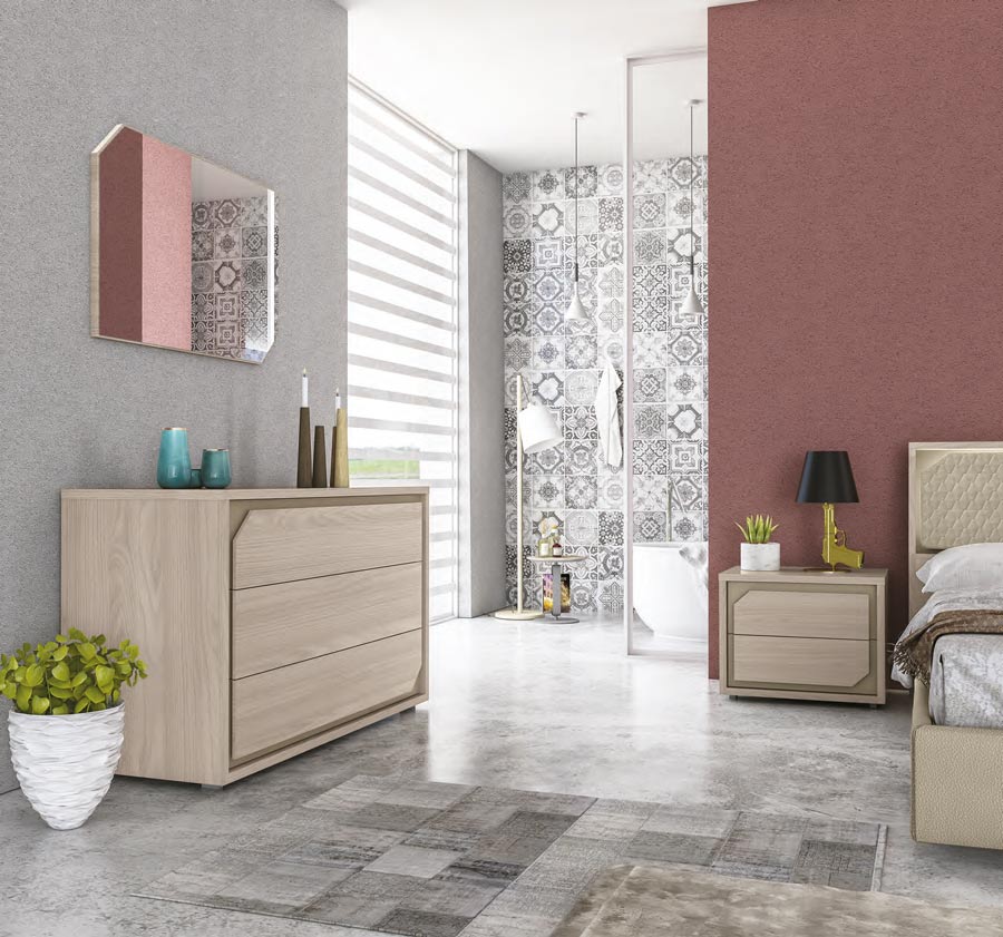 Camera da letto completa, finitura Olmo Perla e letto ecopelle sabbia, Made in Italy