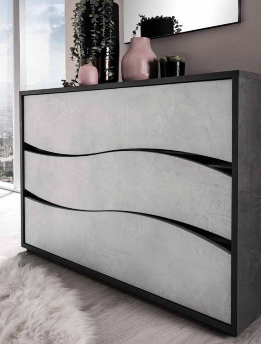 Set moderno composto da comodini e comò, finitura grigio resina chiaro e grigio resina scuro, made in Italy