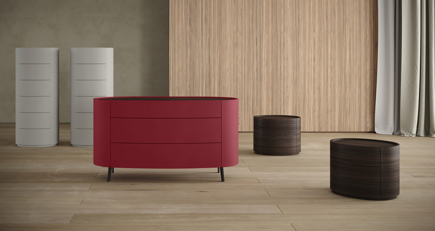 Comò moderno finitura nobilitato Teak e laccato opaco Porpora 