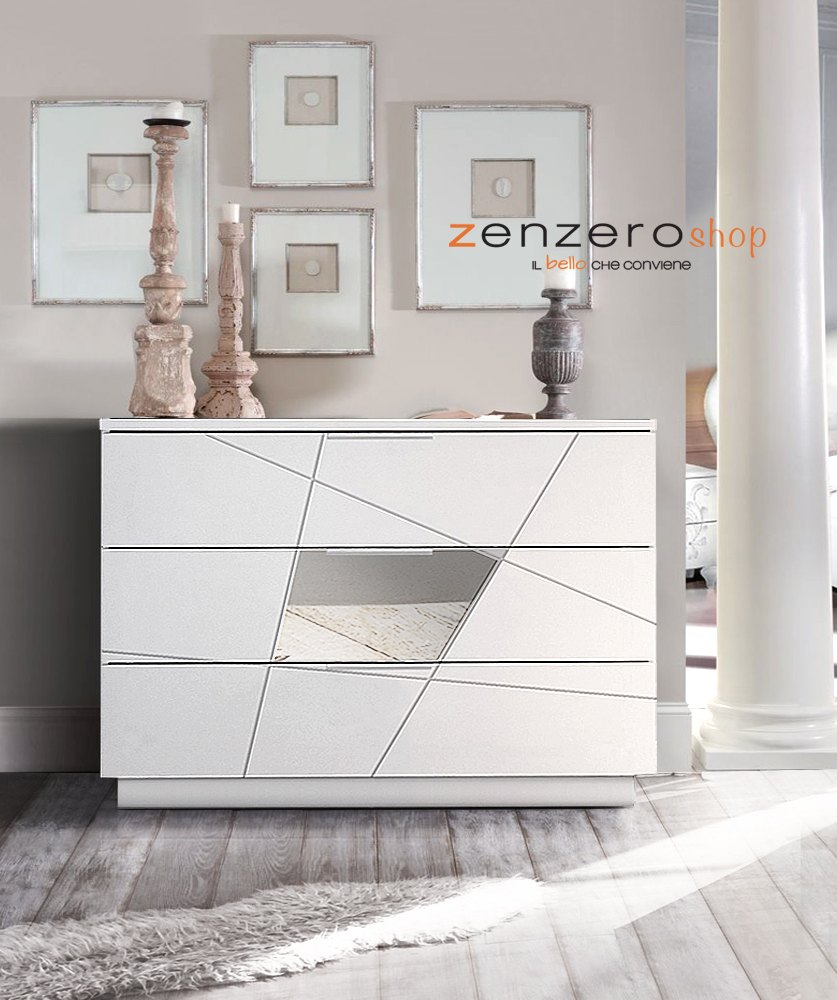 Comò serigrafato con inserti specchio a 3 cassetti, Bianco