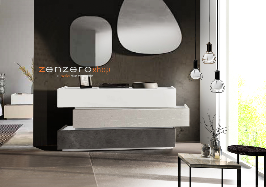 Comò sfalsato Bahamas in finitura Bianco opaco, Graniglia chiara e Ardesia scura