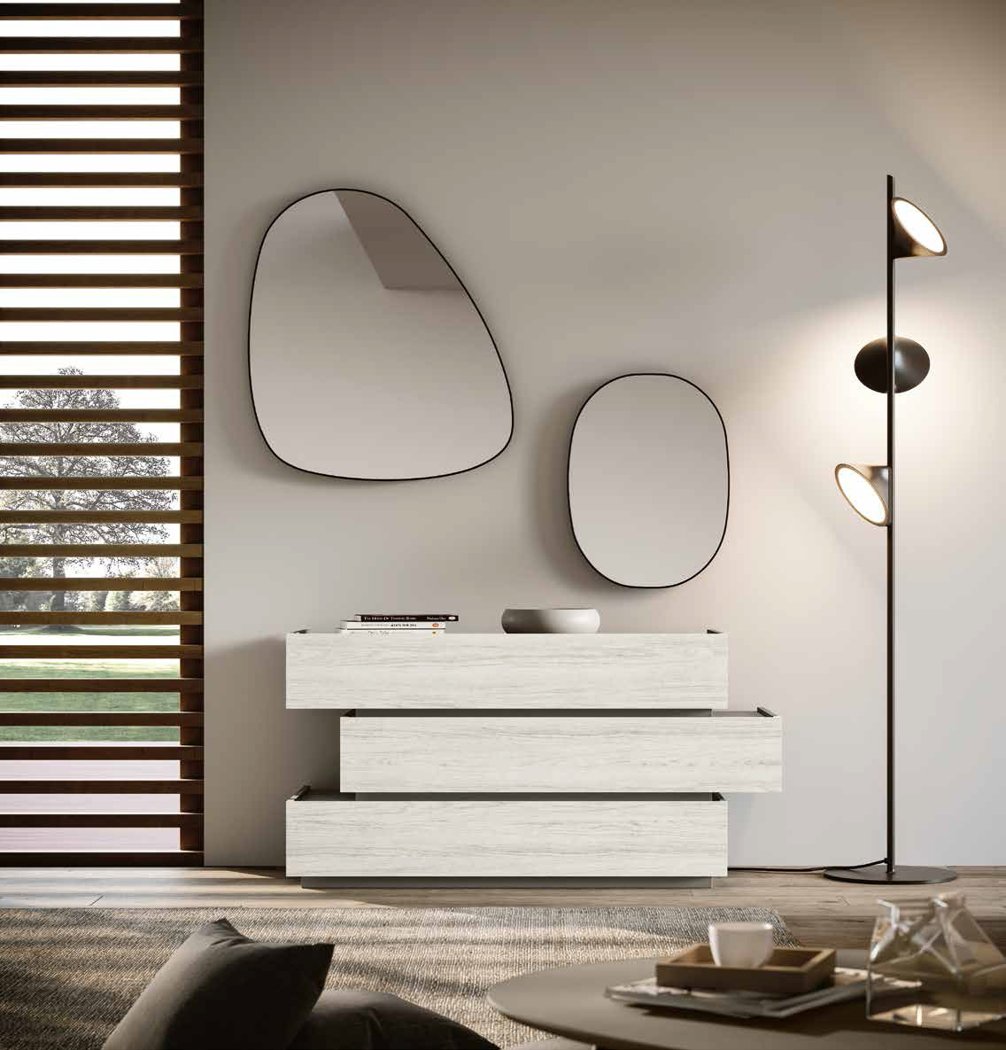 Comò Palawan sfalsato bianco altea, Grigio cenere con top in vetro