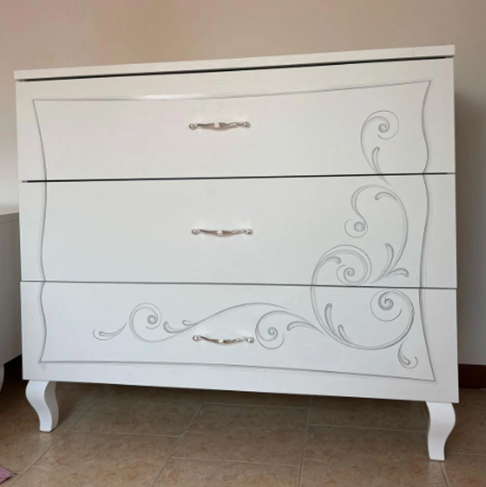 Comò Bianco opaco con serigrafia, 3 cassetti, Made in Italy