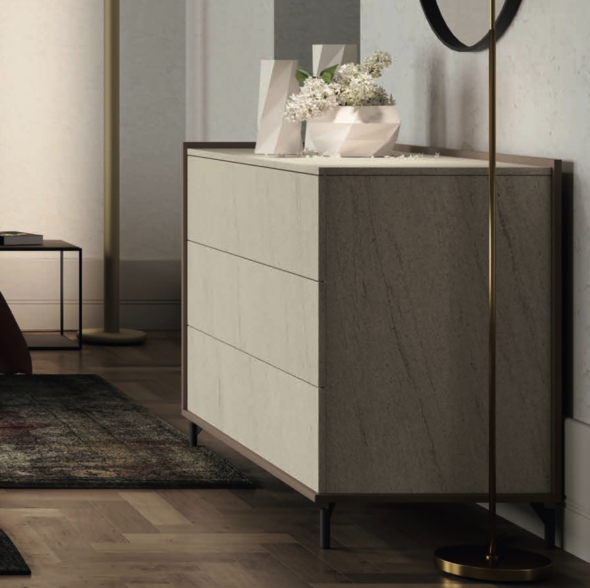 Comò 3 cassetti finitura Moka e Vesuv Sabbia, con apertura push-pull