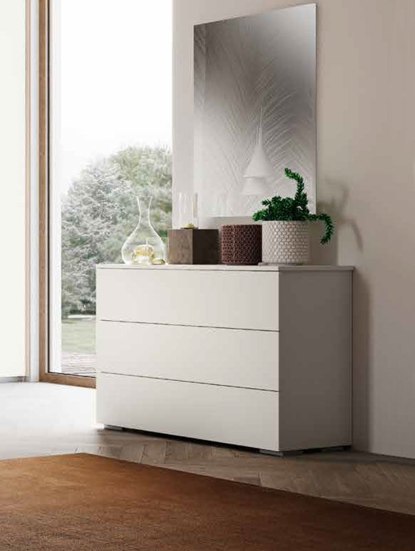 Comò moderno a 3 cassetti con apertura a presa laterale, finitura Bianco Nobilitato