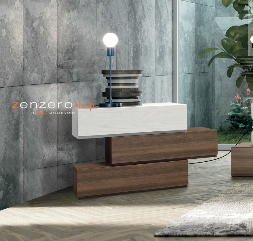 Comò particolare stretto con 3 cassetti  di alta qualità in finitura Frassinato bianco e Quercia brown