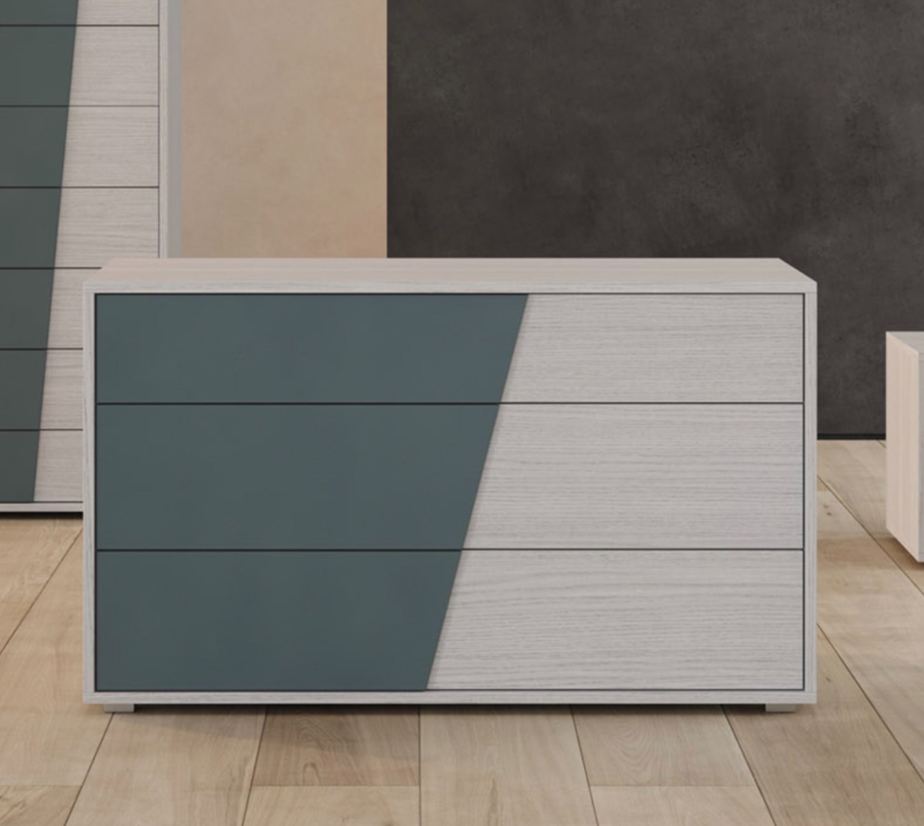 Spazioso Comò moderno, finitura laccato opaco Bristol e Nuvola Frassinato