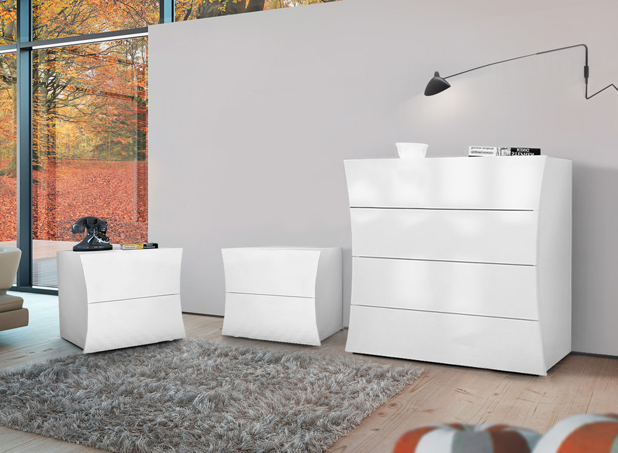 Set Completo Comò e Comodini, bianco lucido, linea arco