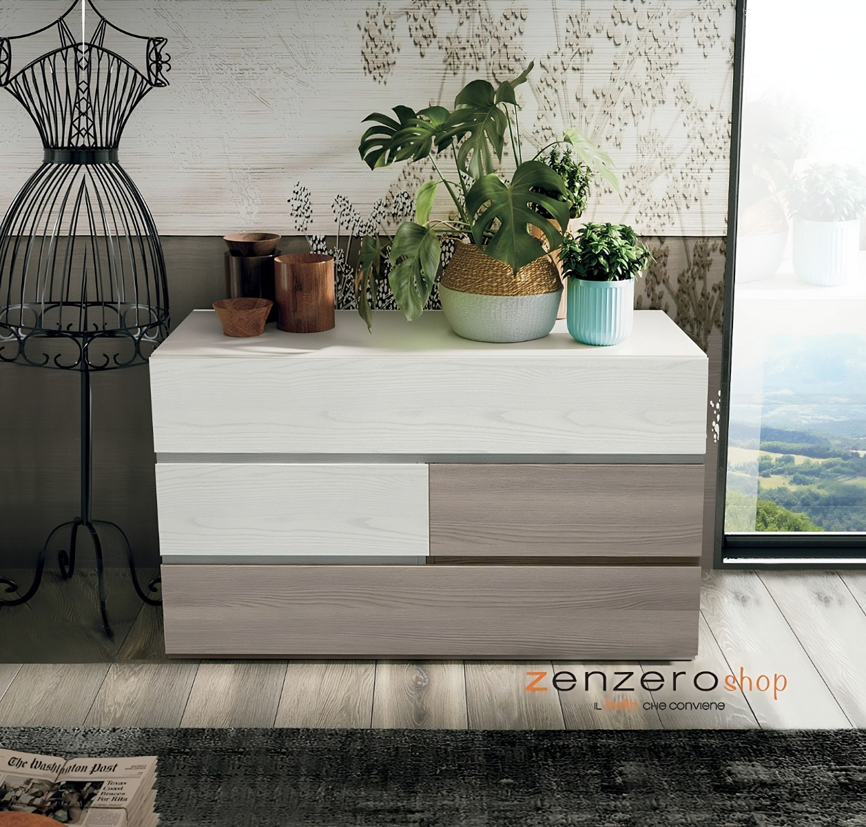 Comò largo Bicolor con 4 cassetti di alta qualità in Frassinato bianco e Olmo 