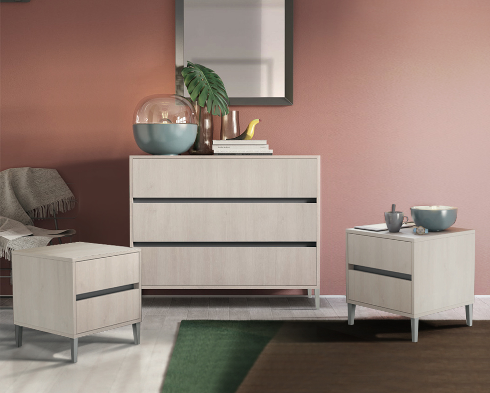Set moderno comò e comodini con piedini in finitura Noce brina