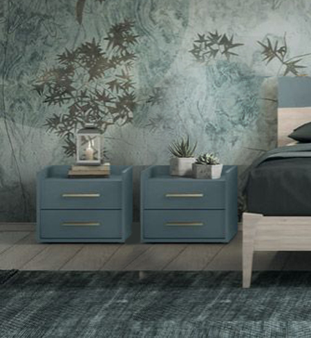 Coppia di comodini moderni a 2 cassetti, finitura Cadaques, made in Italy