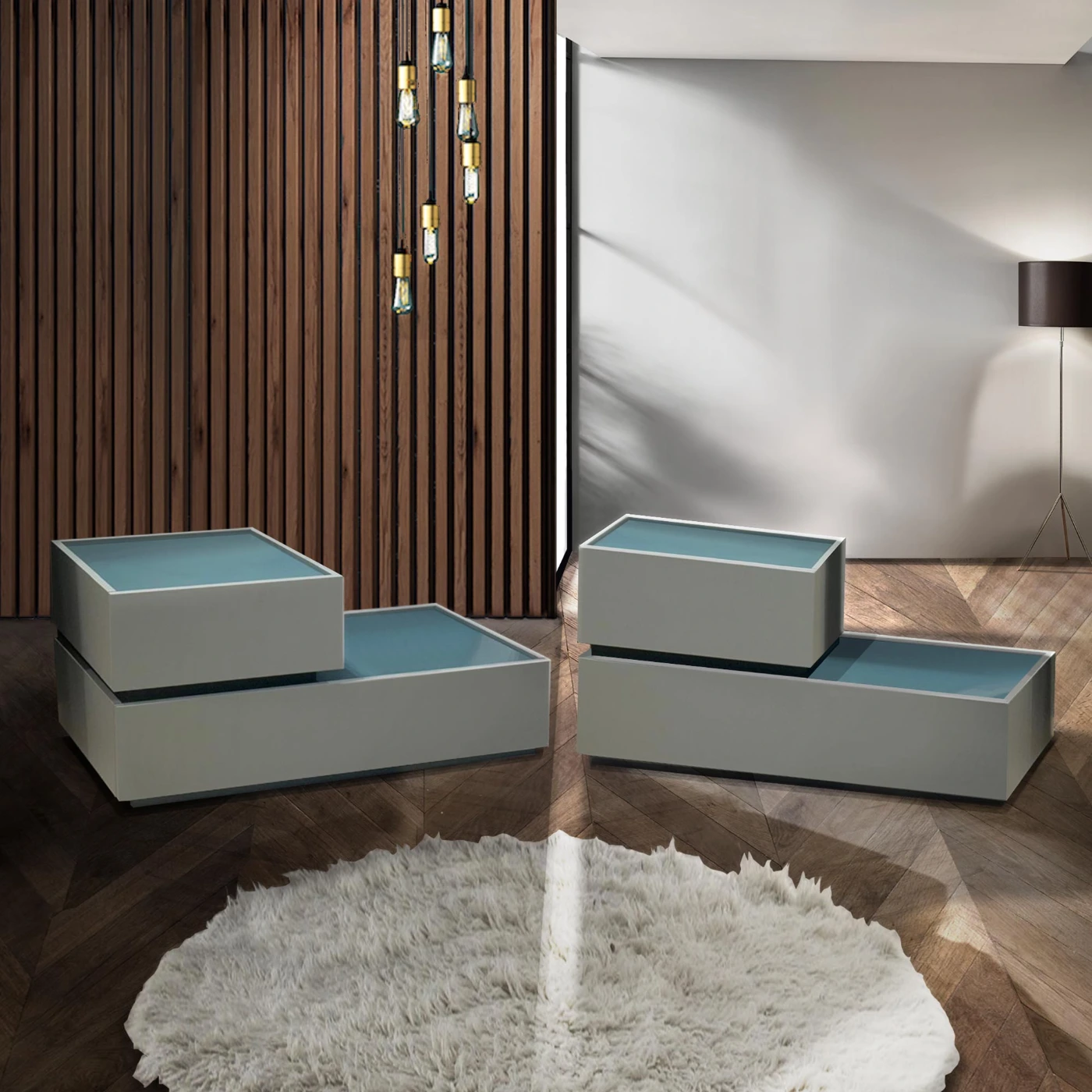 Comodini 2 cassetti, Laccato Ceruleo e Celeste, L.100 Zenzero Shop