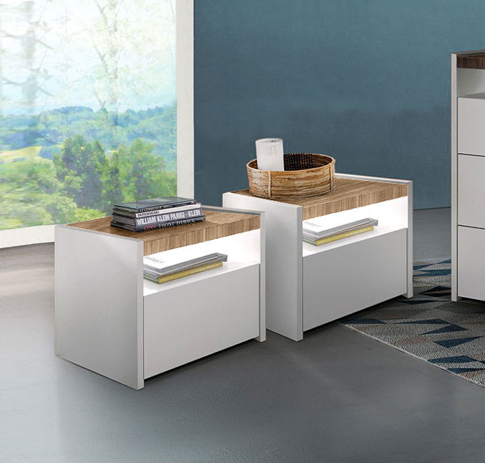 Coppia di comodini finitura Bianco Opaco e Noce Stelvio, guide ammortizzate