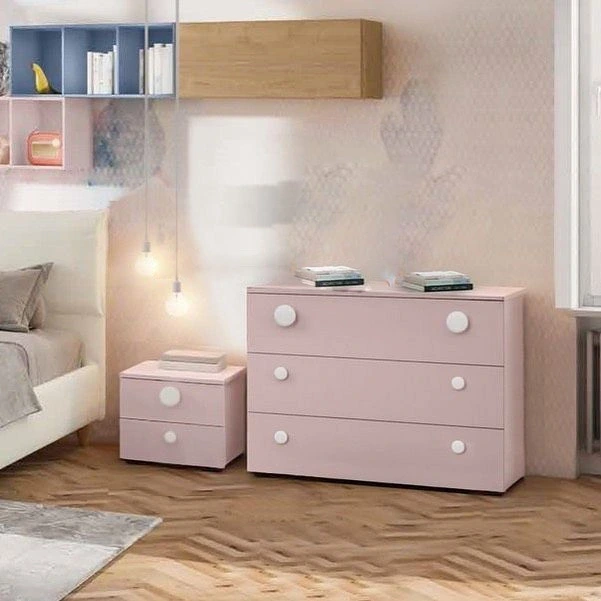 Composizione Comò e Comodino per camerette, finitura Rosa confetto