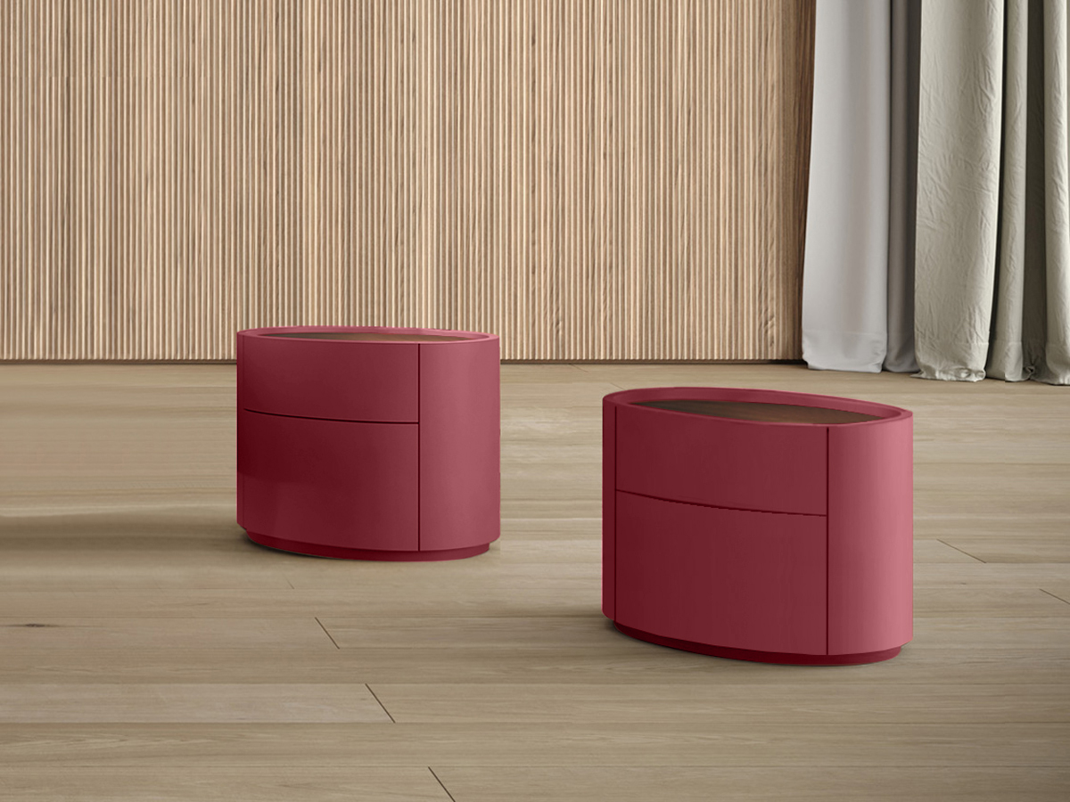 Coppia di comodini di design finitura nobilitato Teak e laccato opaco Porpora 