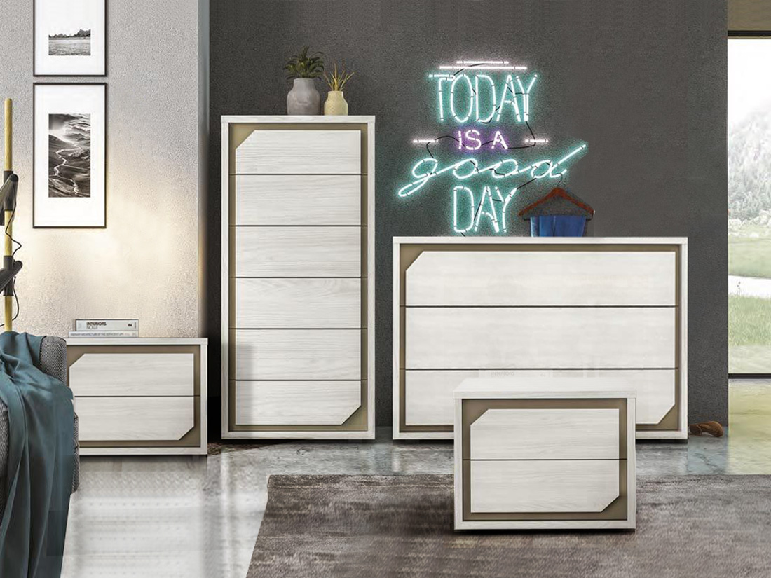 Set zona notte, Comò, Comodini e Settimino, Olmo Bianco e Visone Made in Italy