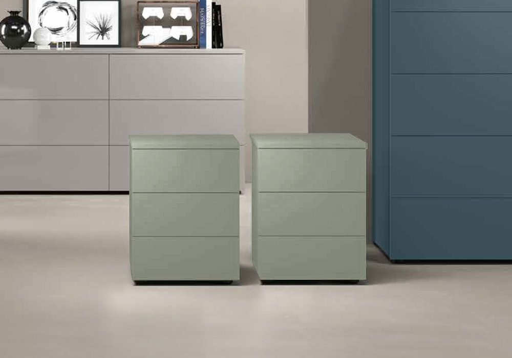 Coppia di comodini moderni a 3 cassetti, finitura Agave