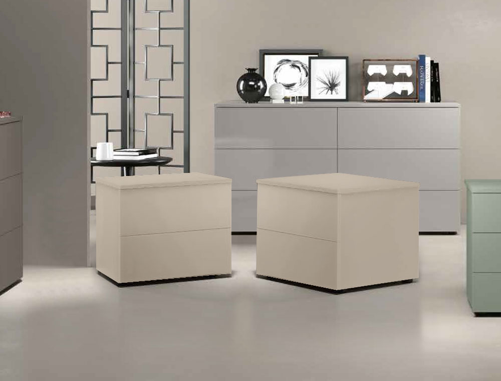 Coppia di comodini moderni a 2 cassetti, finitura Orzo