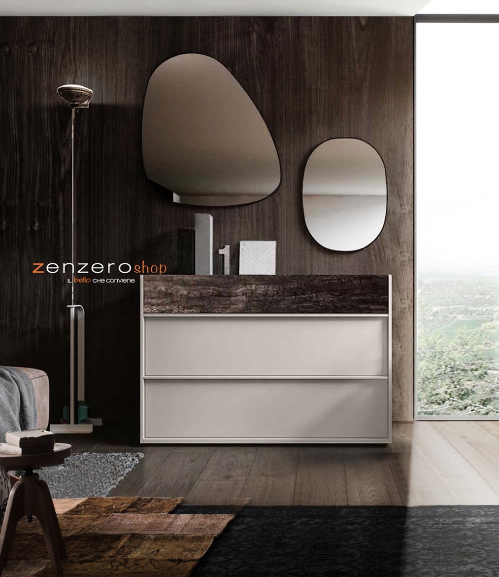 Set moderno Bali con comò e coppia di comodini in finitura  Grigio seta e Legno bruciato