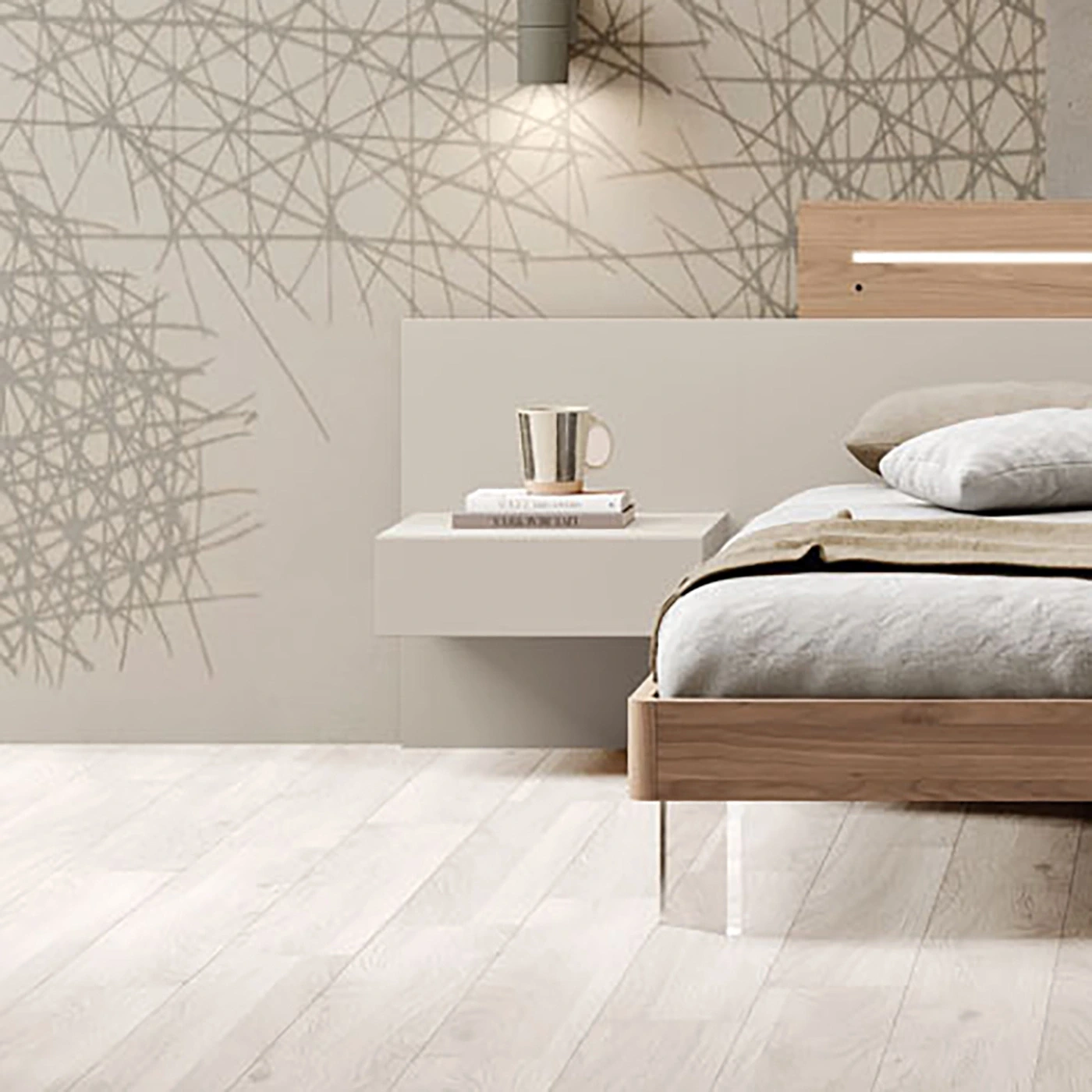 Camera matrimoniale con comodino sospeso, Sequoia honey e Corda