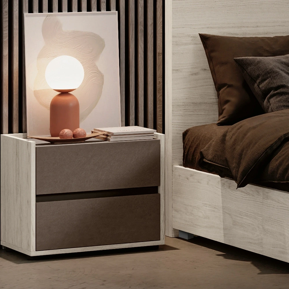 Comodino 2 cassetti, Bianco altea e Bronzo, L.54 H.47