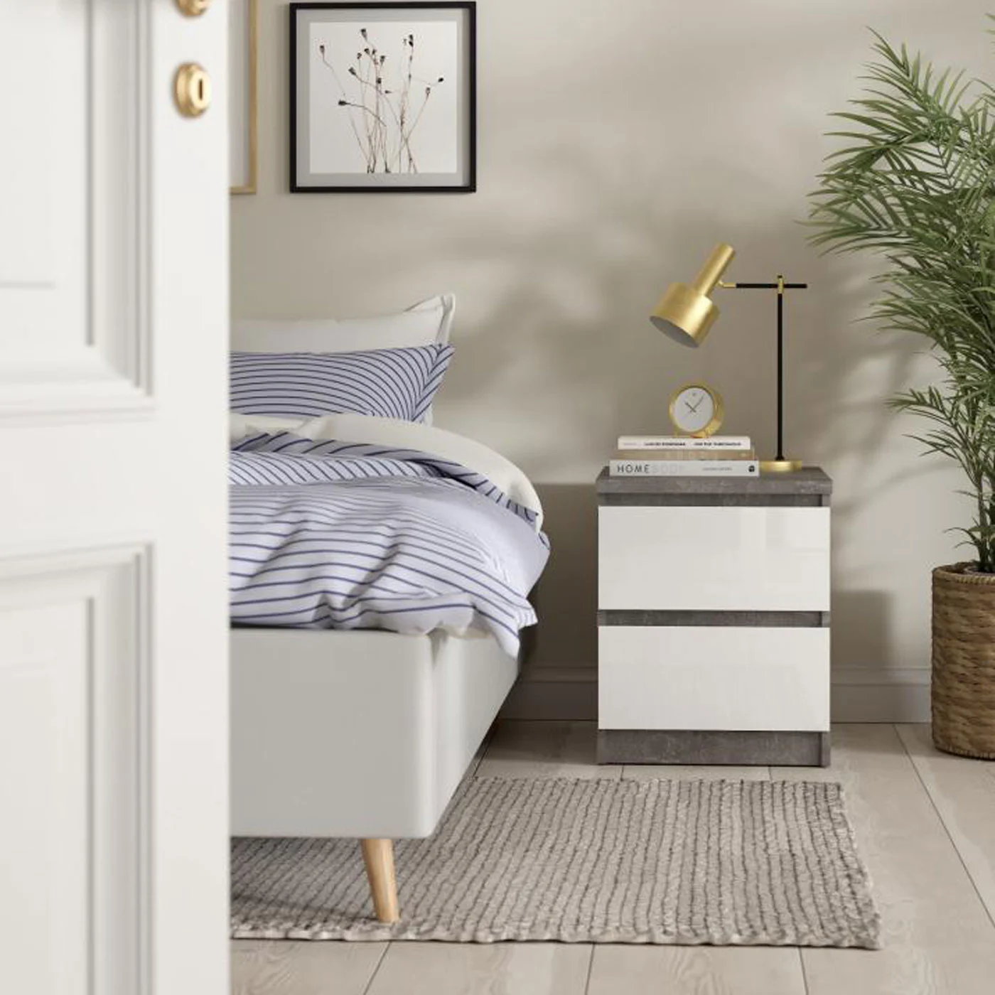 comodino calcestruzzo e bianco lucido 