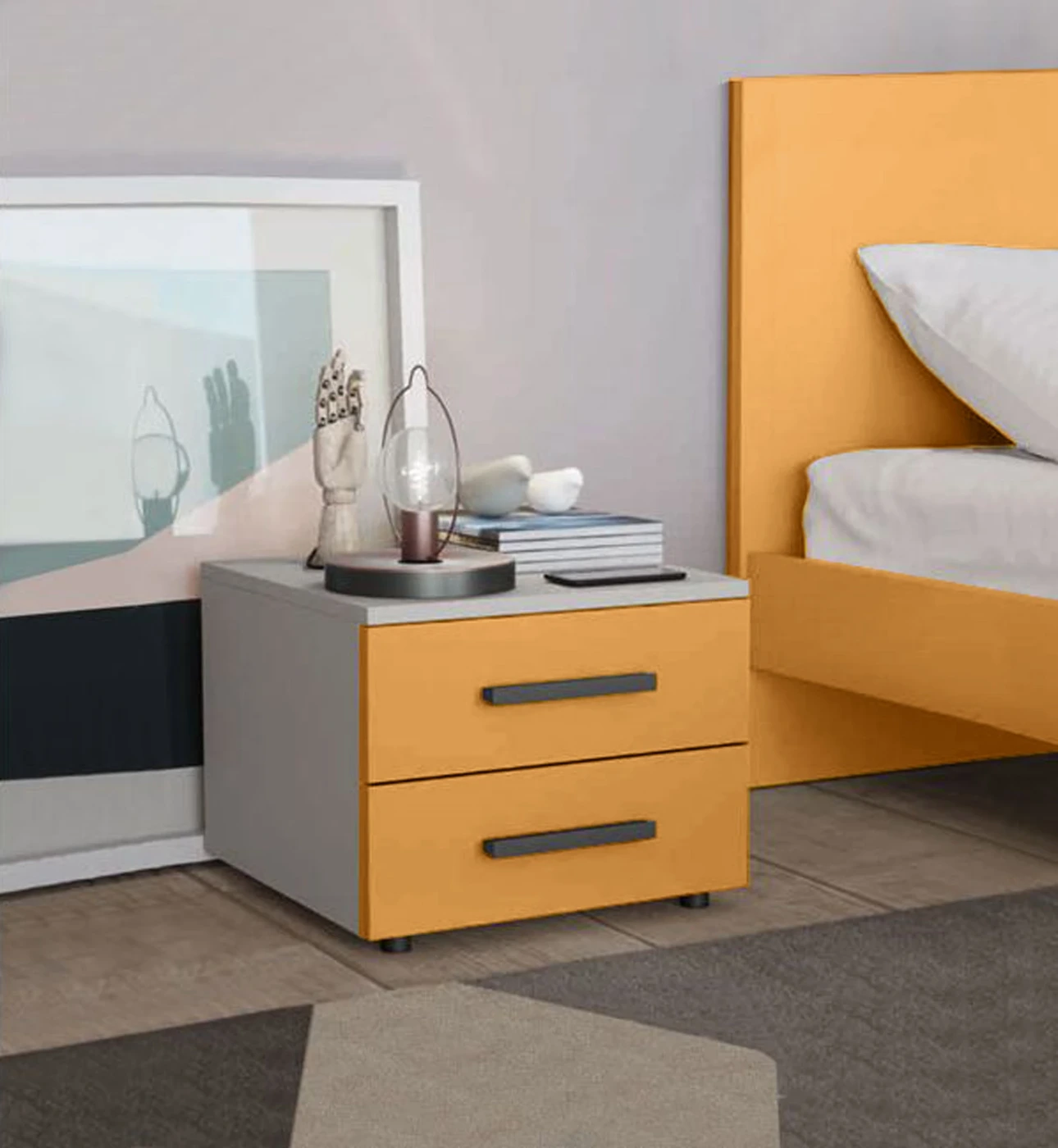 Comodino Master moderno, 2 cassetti, finitura Miele e Cemento Artico