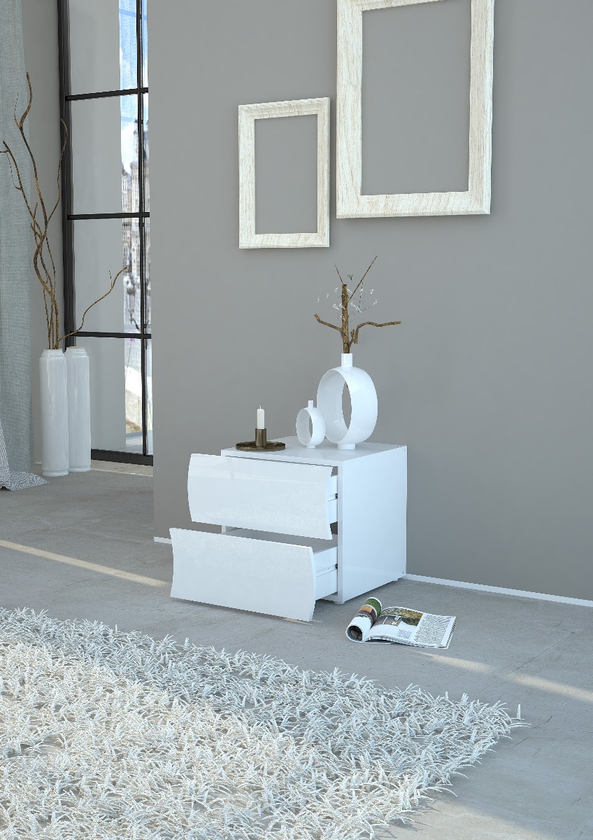 Comodino di design a 2 cassetti sagomati, bianco lucido, linea onda