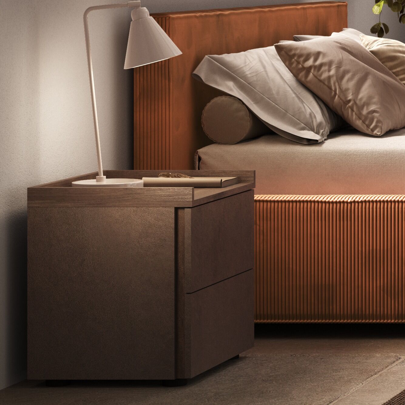 Camera matrimoniale con letto velluto Terracotta, Bronzo e Mercure