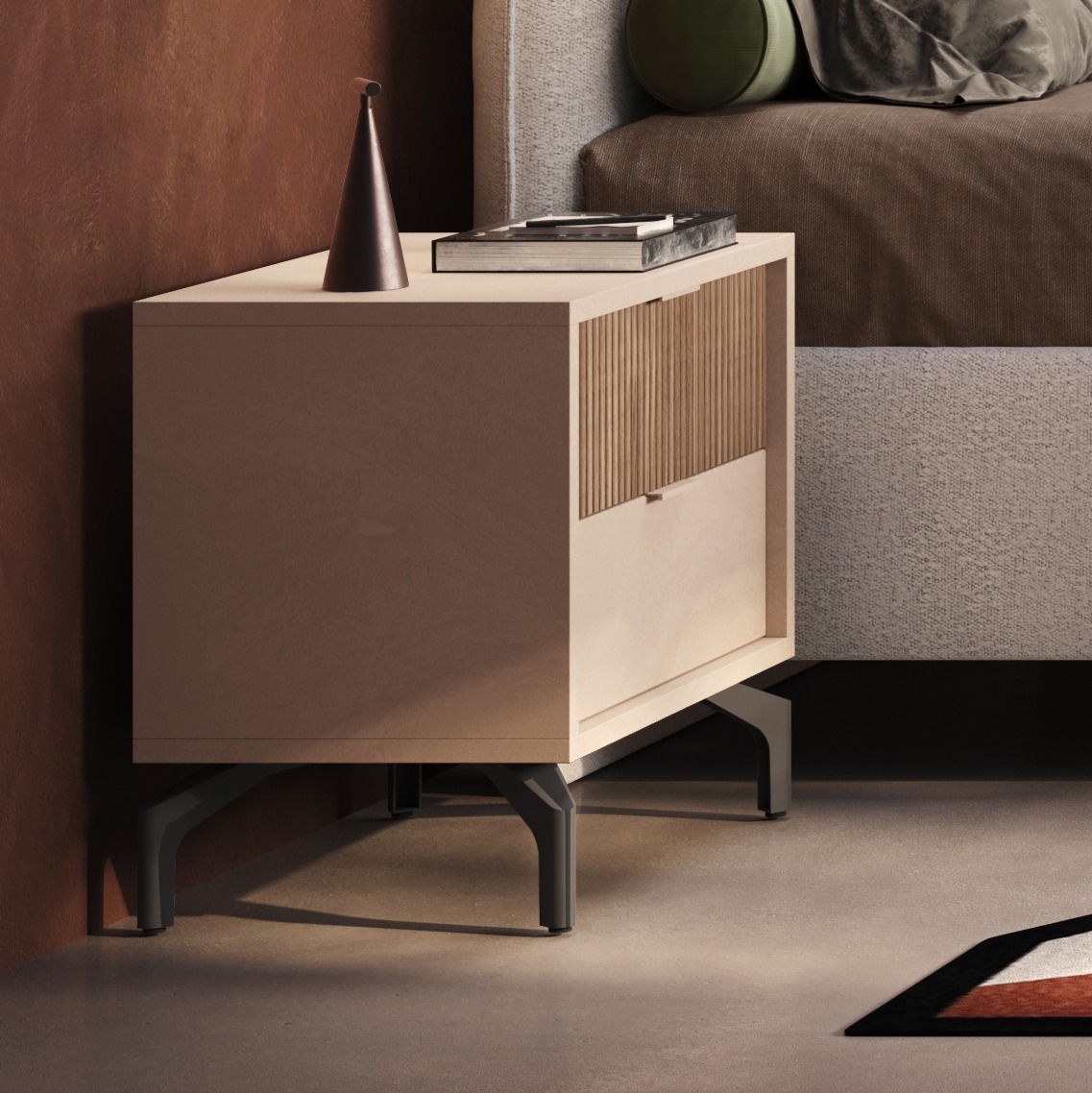 Comodino 2 cassetti, Cashmere e Noce caramello cannettato