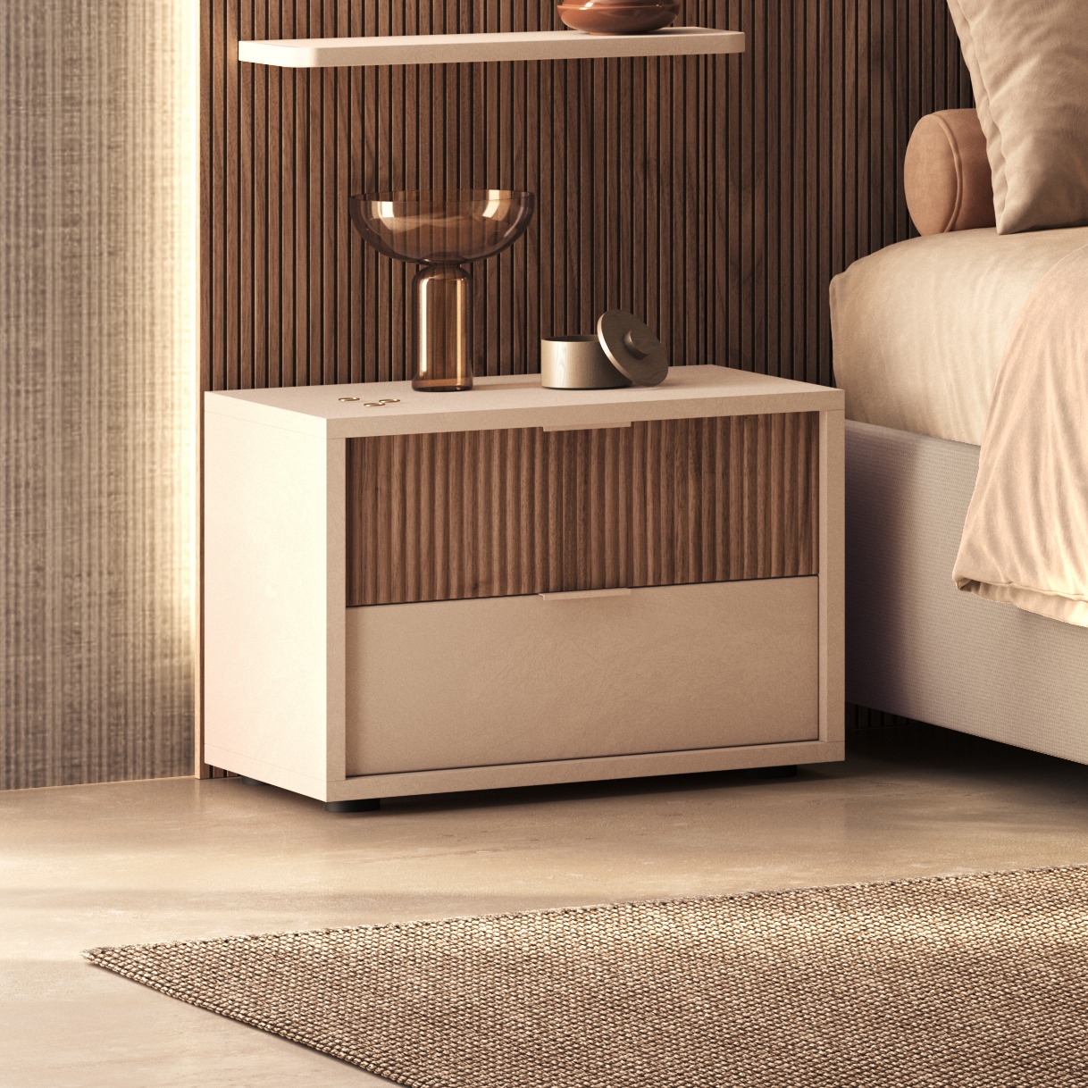 Comodino 2 cassetti, Cashmere e Noce caramello cannettato