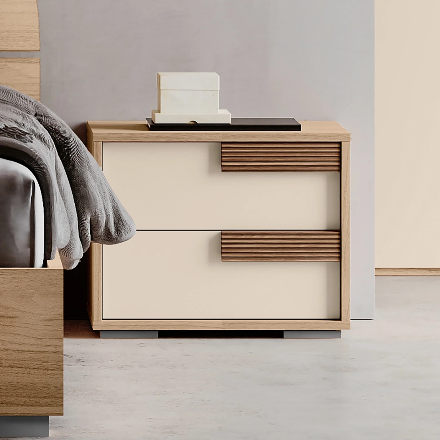 Comodino Noce biondo e Orzo, maniglie cannettate