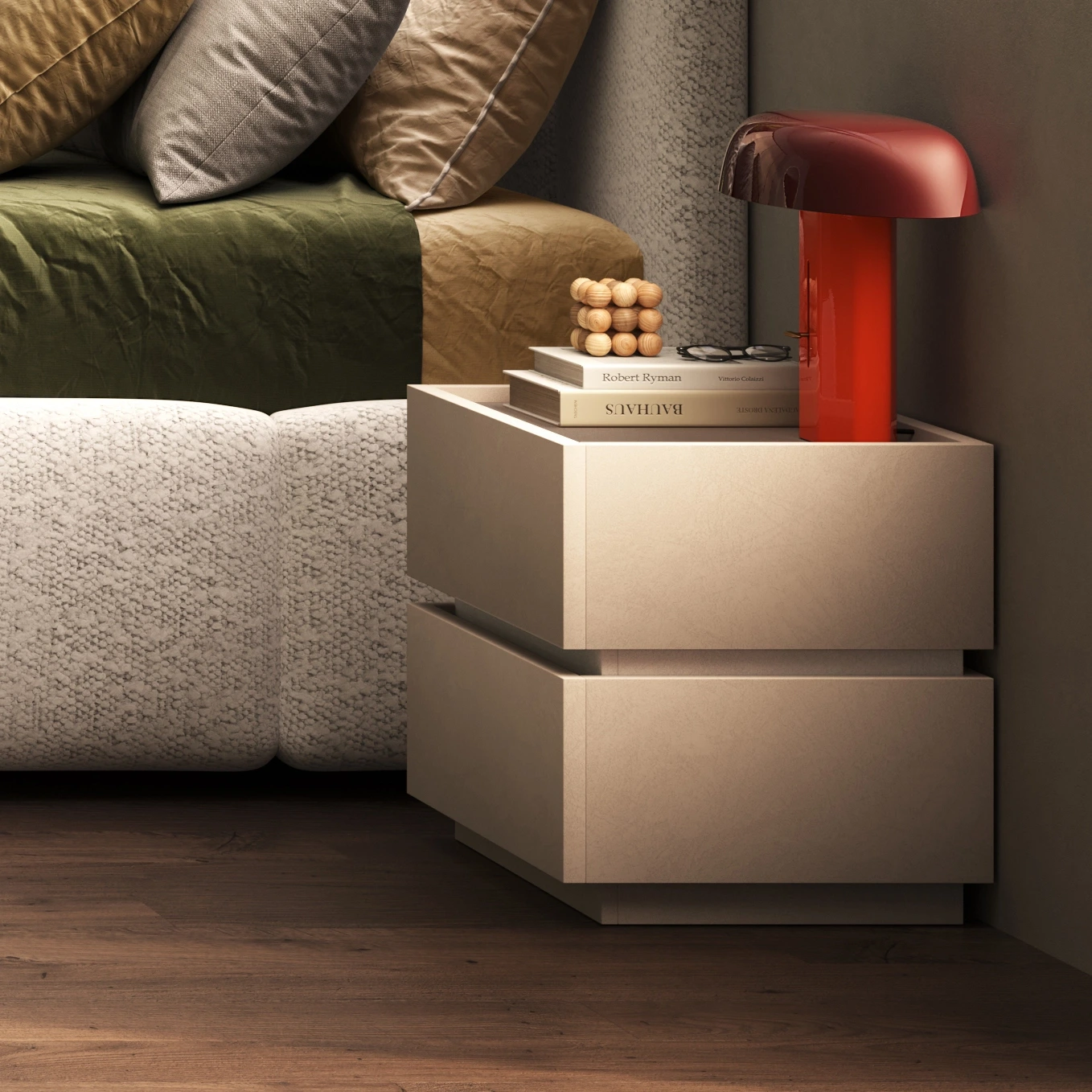 Comodino a 2 cassetti, finitura Cashmere, L.55