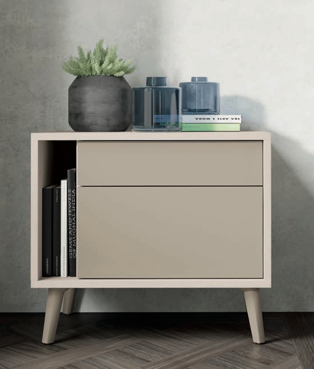 Comodino moderno 2 cassetti e vano in finitura Ciliegio bianco e Canapa