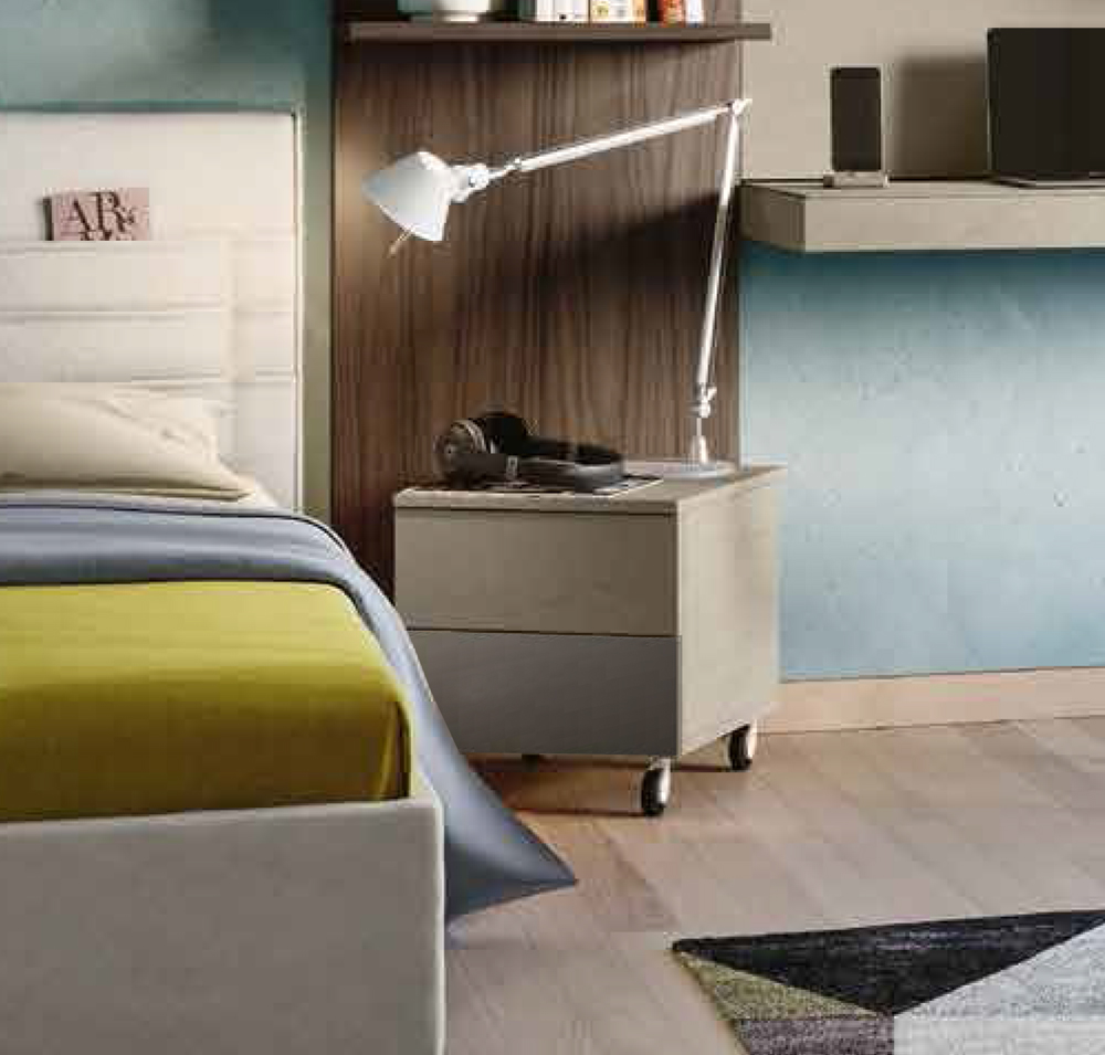 Comodino bicolor 2 cassetti con ruote, Argilla e Grigio cenere