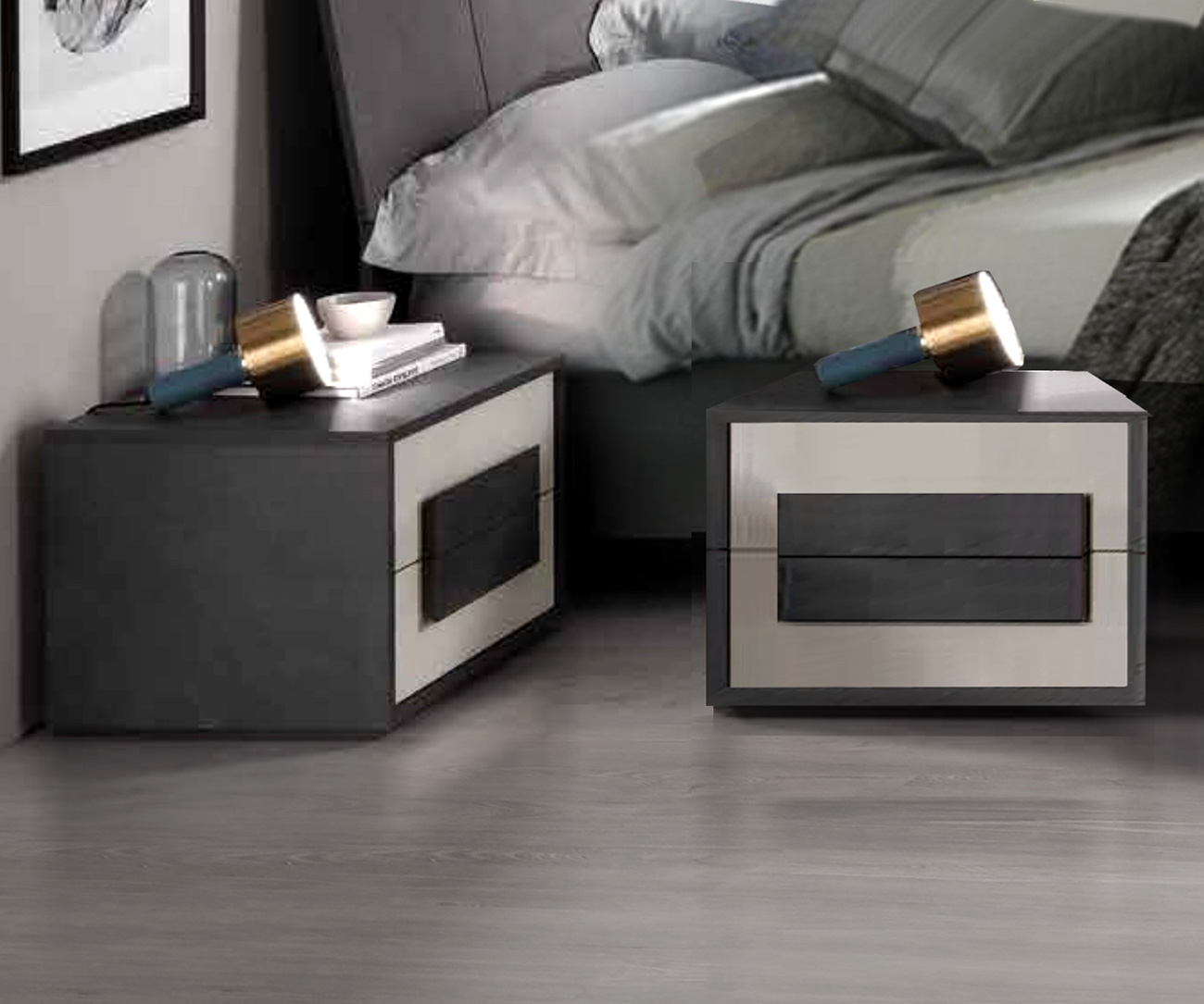 Coppia di comodini moderni, grigio resina chiaro e grigio resina scuro, made in Italy