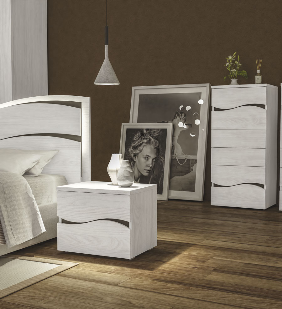 Camera da letto completa, finitura Olmo Bianco con dettagli Grigio Fango